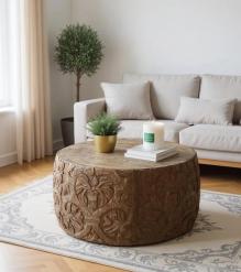 HAND CARVED SOLID WOOD ROUND COFFEE TABLE