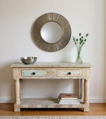 SOLID RECLAIMED TEAK WOOD CONSOLE WITH 2 DRAWERS & SHELF