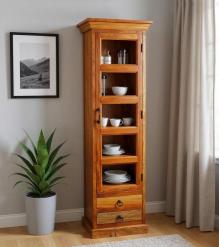 SOLID RECLAIMED TEAK WOOD & GLASS DISPLAY CASE TOWER WITH 2 DRAWERS
