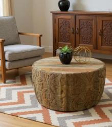 HAND CARVED SOLID WOOD ROUND COFFEE TABLE