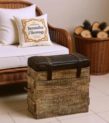SOLID WOOD & LEATHER STOOL 