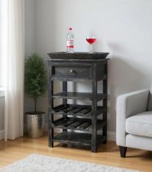 SOLID WOOD WINE BAR W/ SHELVES, DRAWER & TRAY