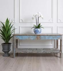 VINTAGE RECLAIMED CARVED TEAK CONSOLE TABLE W/ SHELF