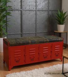 IRON LOCKER BENCH W/ LEATHER UPHOLSTERED SEAT
