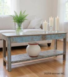 CARVED RECLAIMED WOOD CONSOLE TABLE W/ SHELF