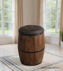 SOLID WOOD BARREL STORAGE STOOL W/ UPHOLSTERED LEATHER COVER