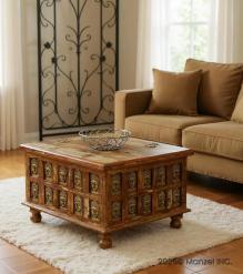 SOLID RECLAIMED TEAK W/ BRASS FITTED BUDDHA CASTINGS TRUNK COFFEE TABLE BLANKET CHEST