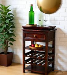 SOLID WOOD WINE BAR W/ SHELVES, DRAWER & TRAY