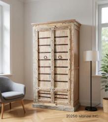 RECLAIMED CARVED WOOD STORAGE CABINET W/ IRON DETAILS