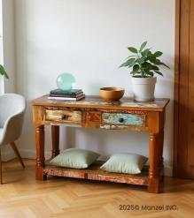 SOLID RECLAIMED TEAK WOOD CONSOLE WITH 2 DRAWERS & SHELF