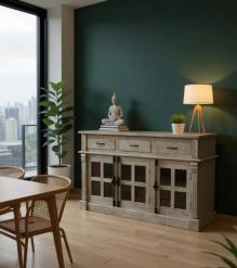 SOLID WOOD & GLASS SIDEBOARD W/ 3 DRAWERS & 3 DOORS