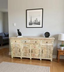 SOLID RECLAIMED HAND CARVED TEAK WOOD SIDEBOARD CABINET W/ 4 DRAWERS & 4 DOORS