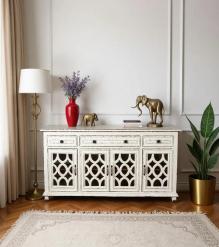 SOLID RECLAIMED TEAK WOOD & GLASS SIDEBOARD CONSOLE W/ 4 DRAWERS & 4 DOORS