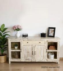 SOLID RECLAIMED TEAK WOOD & GLASS CABINET SIDEBOARD W/ 4 DOORS & 1 DRAWER