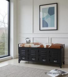 IRON LOCKER BENCH W/ LEATHER UPHOLSTERED SEAT