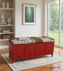 IRON LOCKER BENCH W/ LEATHER UPHOLSTERED SEAT