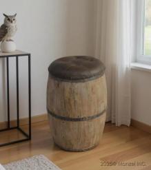 SOLID WOOD BARREL STORAGE STOOL W/ UPHOLSTERED LEATHER COVER