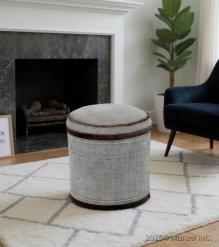 Upholstered Canvas & Leather Stool