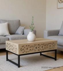 HAND CARVED WOOD & IRON COFFEE TABLE