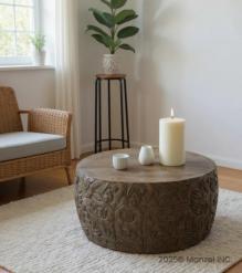 HAND CARVED SOLID WOOD ROUND COFFEE TABLE