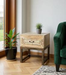 SOLID RECLAIMED TEAK WOOD & IRON NIGHTSTAND END TABLE W/ DRAWER