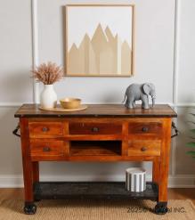 SOLID RECLAIMED TEAK WOOD SIDEBOARD ISLAND W/ 5 DRAWERS & CASTERS