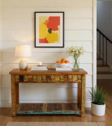 SOLID RECLAIMED TEAK WOOD CONSOLE TABLE W/ BRASS CASTINGS