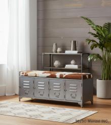 IRON LOCKER BENCH W/ LEATHER UPHOLSTERED SEAT