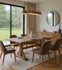 SOLID WOOD X BASE TRESTLE DINING TABLE W/ EXTENSIONSE