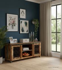 SOLID RECLAIMED TEAK WOOD & METAL 2 DOOR CONSOLE SIDEBOARD