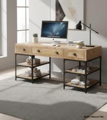 SOLID WOOD & IRON DESK W/ 3 DRAWERS & 4 SHELVES