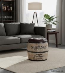 Wood Barrel Storage Stool w/ Leather Upholstered Top