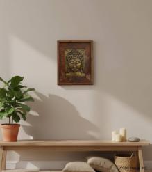 brass inlay buddha on reclaimed wood panel