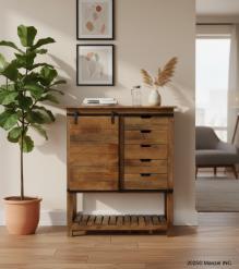 SOLID WOOD CABINET W/ 5 DRAWERS & SLIDING BARN DOOR W/ SHELVES