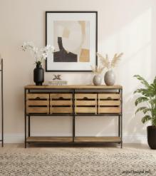SOLID WOOD & IRON CONSOLE W/ BASKETS