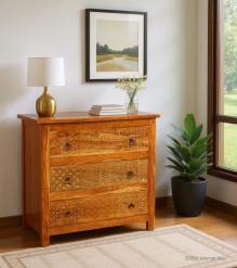 SOLID RECLAIMED TEAK WOOD HAND CARVED DRESSER BUREAU CABINET 3 DRAWERS