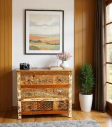 SOLID RECLAIMED TEAK WOOD HAND CARVED DRESSER BUREAU CABINET 3 DRAWERS