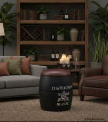 SOLID WOOD BARREL STORAGE STOOL W/ UPHOLSTERED LEATHER COVER