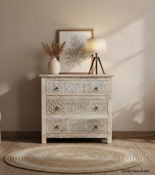 SOLID RECLAIMED TEAK WOOD HAND CARVED DRESSER BUREAU CABINET 3 DRAWERS