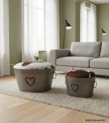 FARMHOUSE METAL & COWHIDE STORAGE BUCKETS W/ REMOVEABLE LIDS