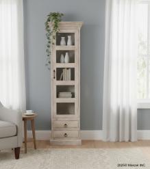 SOLID RECLAIMED TEAK WOOD & GLASS DISPLAY CASE TOWER WITH 2 DRAWERS