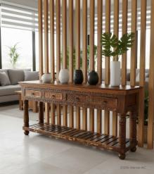 SOLID RECLAIMED HAND CARVED TEAK WOOD CONSOLE SIDEBOARD W/ 4 DRAWERS