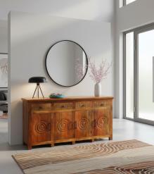 SOLID RECLAIMED HAND CARVED TEAK WOOD SIDEBOARD CABINET W/ 4 DRAWERS & 4 DOORS