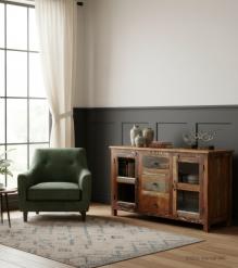 HAND CARVED SOLID RECLAIMED TEAK WOOD & GLASS SIDEBOARD