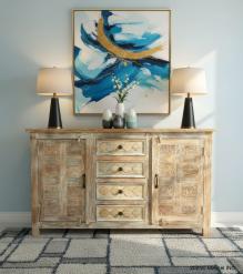 HAND CARVED SOLID RECLAIMED TEAK WOOD SIDEBOARD W/ 2 DOORS & 4 DRAWERS