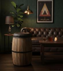 SOLID WOOD BARREL STORAGE STOOL W/ UPHOLSTERED LEATHER COVER