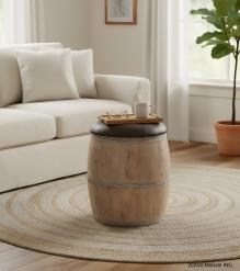 SOLID WOOD BARREL STORAGE STOOL W/ UPHOLSTERED LEATHER COVER