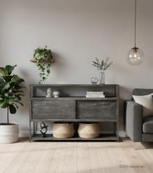 SOLID WOOD & METAL CABINET SHELVING UNIT