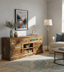 SOLID RECLAIMED TEAK WOOD SIDEBOARD CONSOLE W/ DRAWERS & DOORS