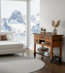 SOLID RECLAIMED TEAK WOOD CONSOLE ISLAND ON CASTERS W/ 5 DRAWERS